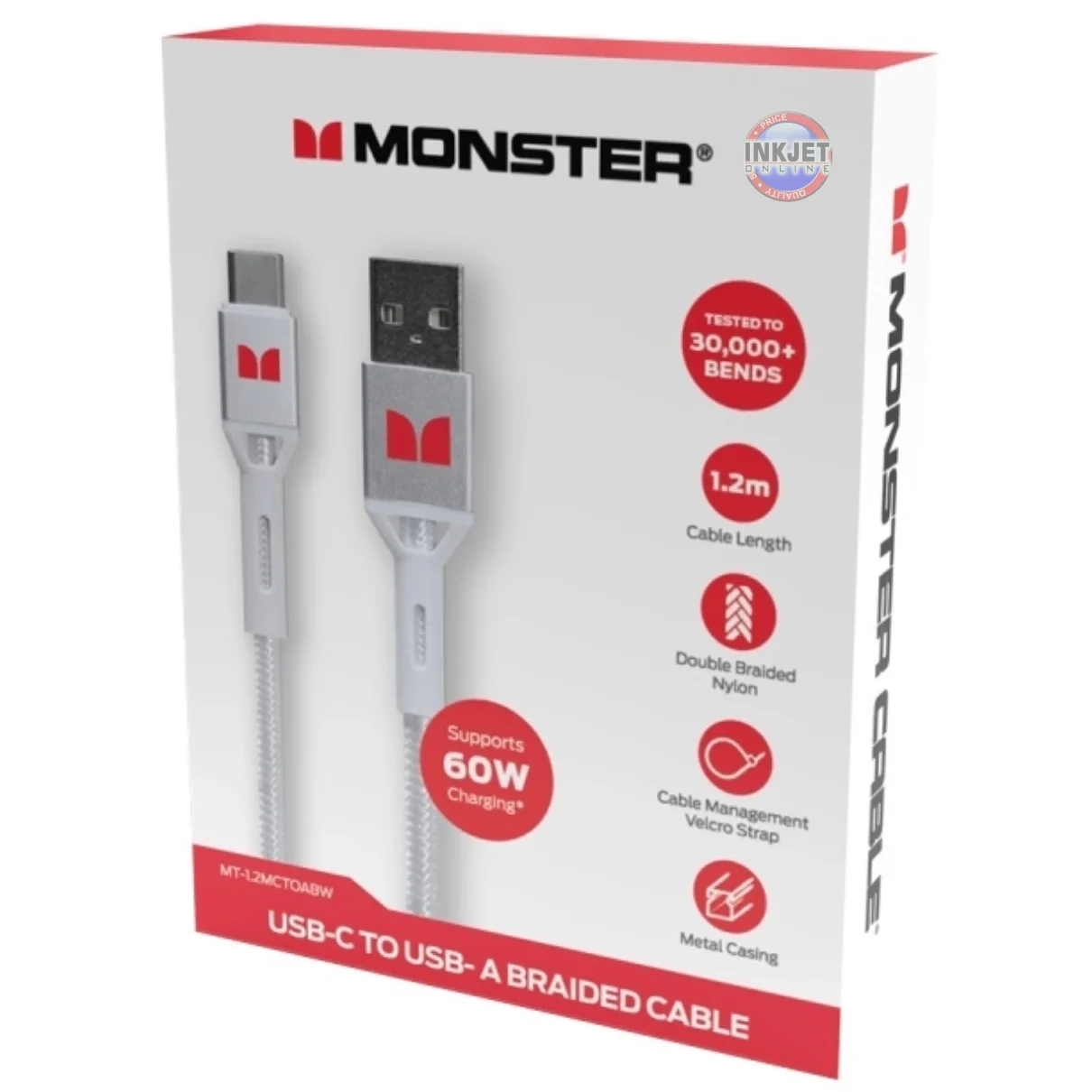 Monster USB-C to USB-A Braided Cable White MT-1.2MCTOABW
