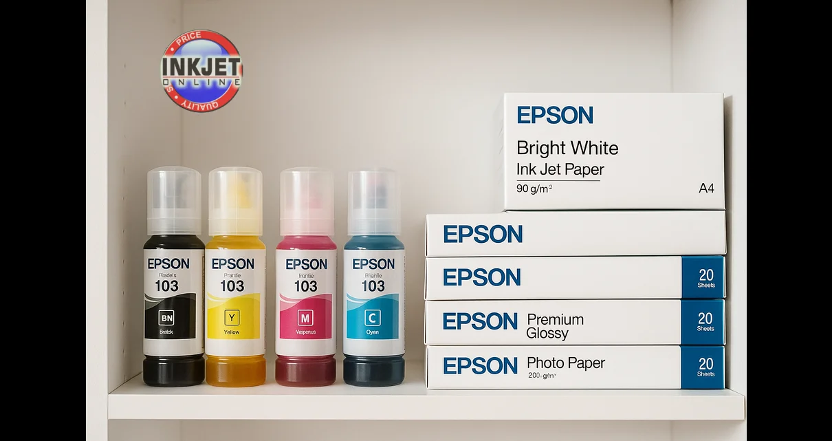 Close-up of Epson consumables, including ink bottles and printer paper, neatly arranged for storage