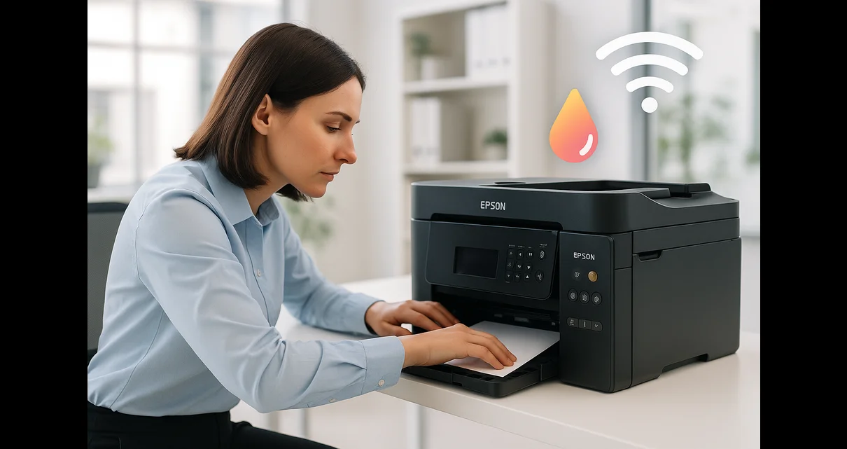 Technician inspecting an Epson printer to resolve paper jams and error messages