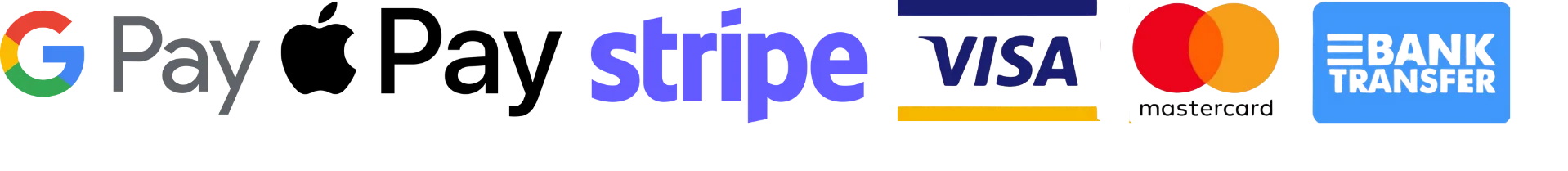 Apple Pay · Google Pay · Visa · Mastercard · Stripe · Bank Transfer