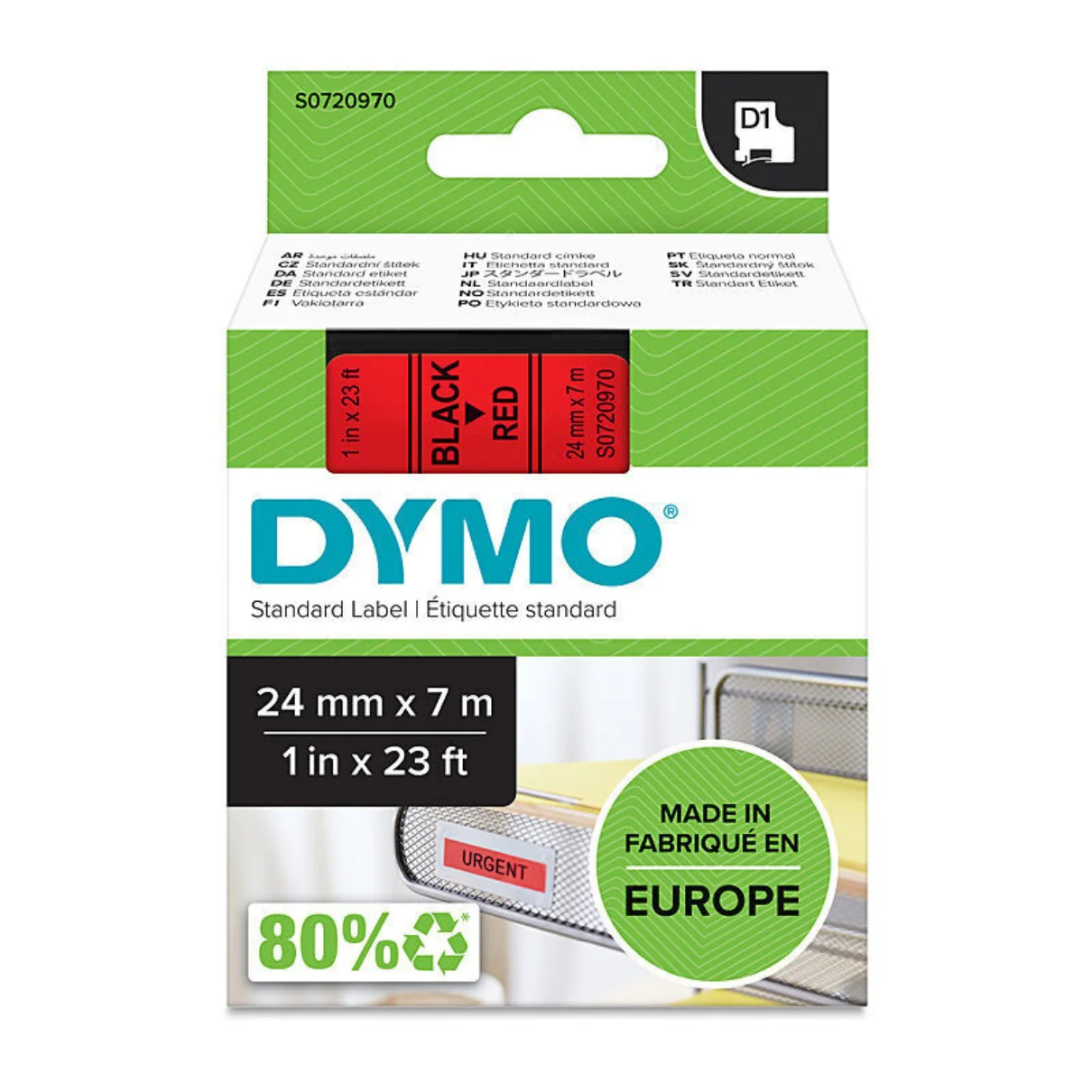 Dymo D1 720970 tape black on red label cassette packaging