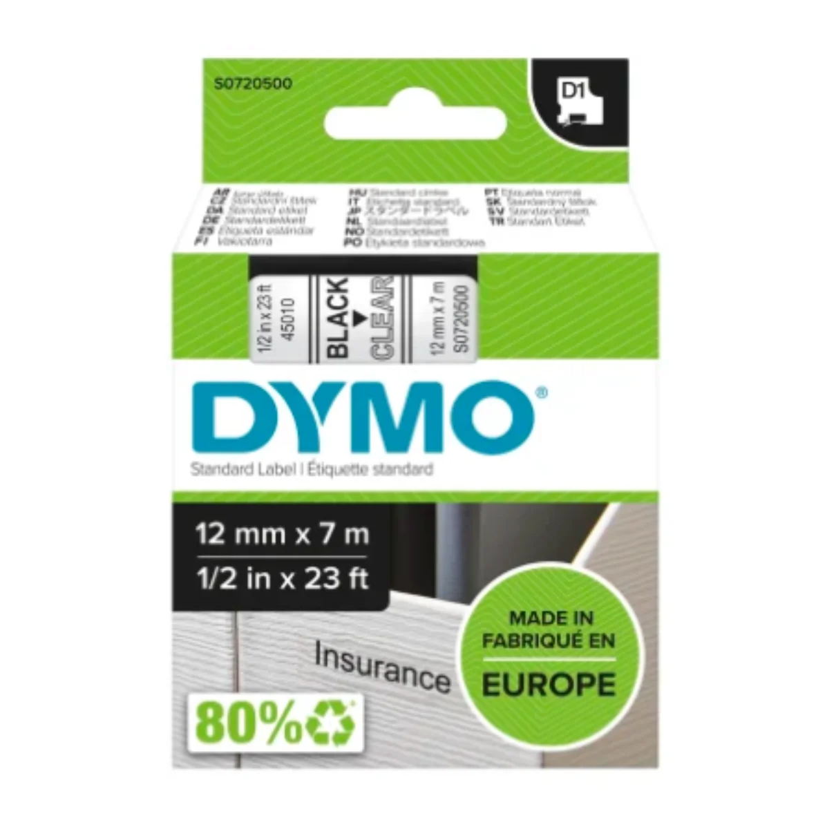 Dymo D1 720500 tape black on clear label cassette packaging