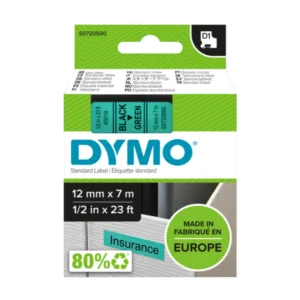 Dymo D1 720590 tape black on green label cassette packaging