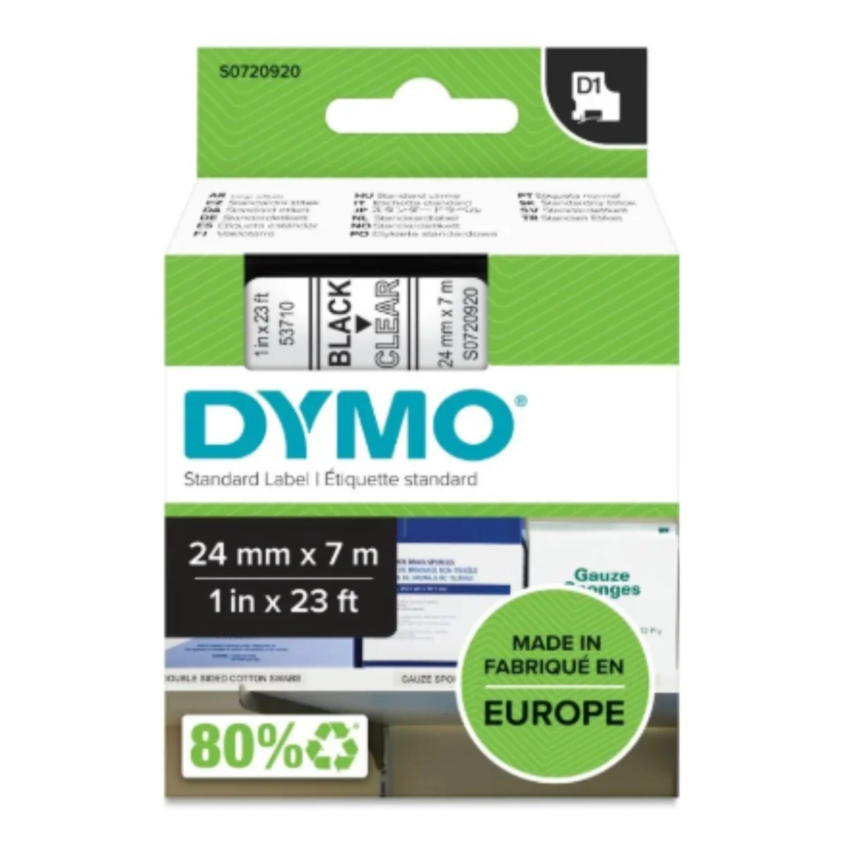 Dymo D1 720920 tape black on clear label cassette packaging