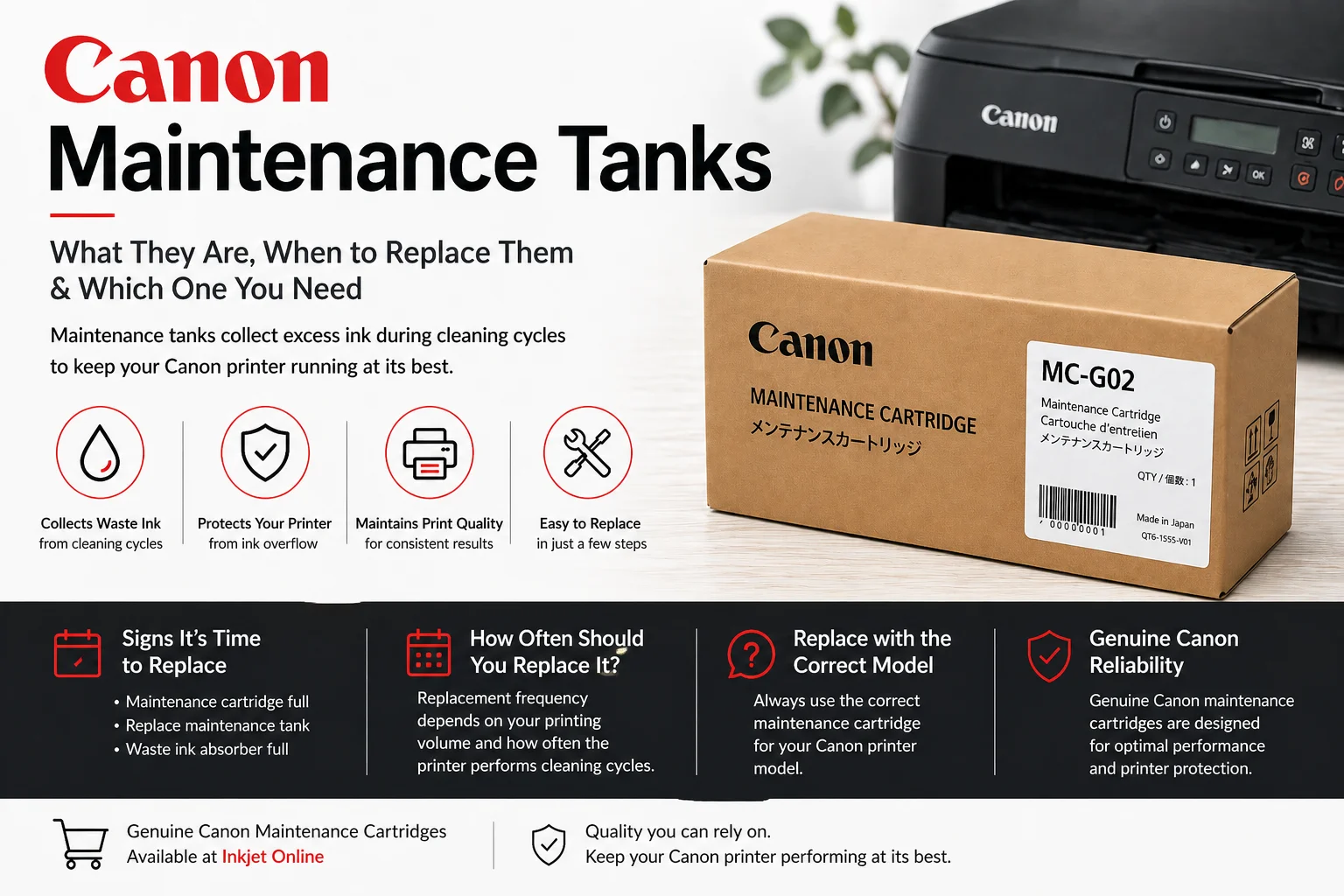 Canon maintenance tanks guide showing MC-G02 maintenance cartridge and Canon printer maintenance system