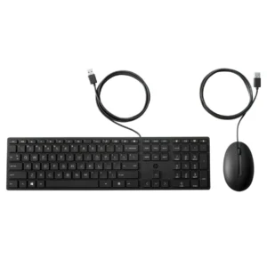 HP Wired Desktop 320MK keyboard and mouse combo front view showing full size keyboard and USB mouse