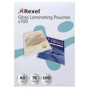 Rexel Gloss A3 Laminating Pouches, 75 micron, 100 pack