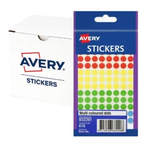 Avery stickers, 8mm multi coloured dots pack 416 box 10 packs