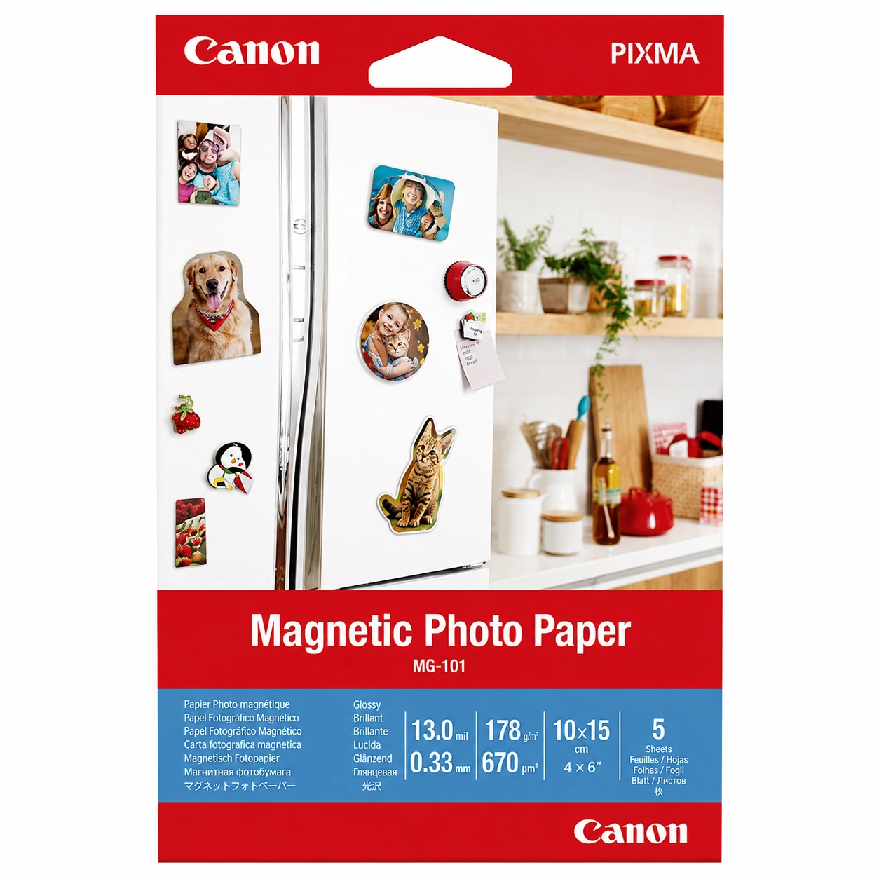 Canon PIXMA Magnetic Photo Paper MG-101 packaging showing printable fridge photo magnets and glossy magnetic paper sheets.