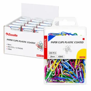 Esselte paper clips 28mm plastic coated assorted colours pack 200, box 12 packs