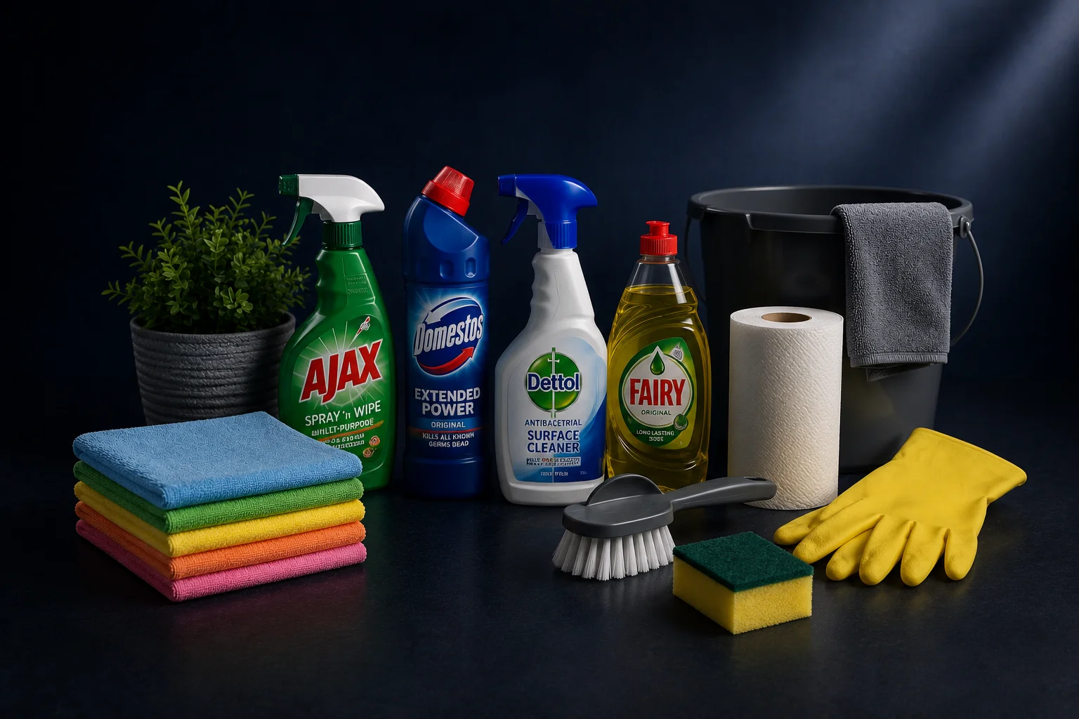 Household cleaning products, kitchen essentials and home organisation supplies