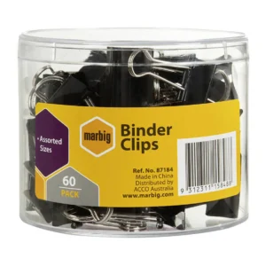 Marbig Binder Clips Assorted Sizes 60 Pack Storage Tub – Assorted Black Fold Back Clips for Office Filing and Paper Organisation