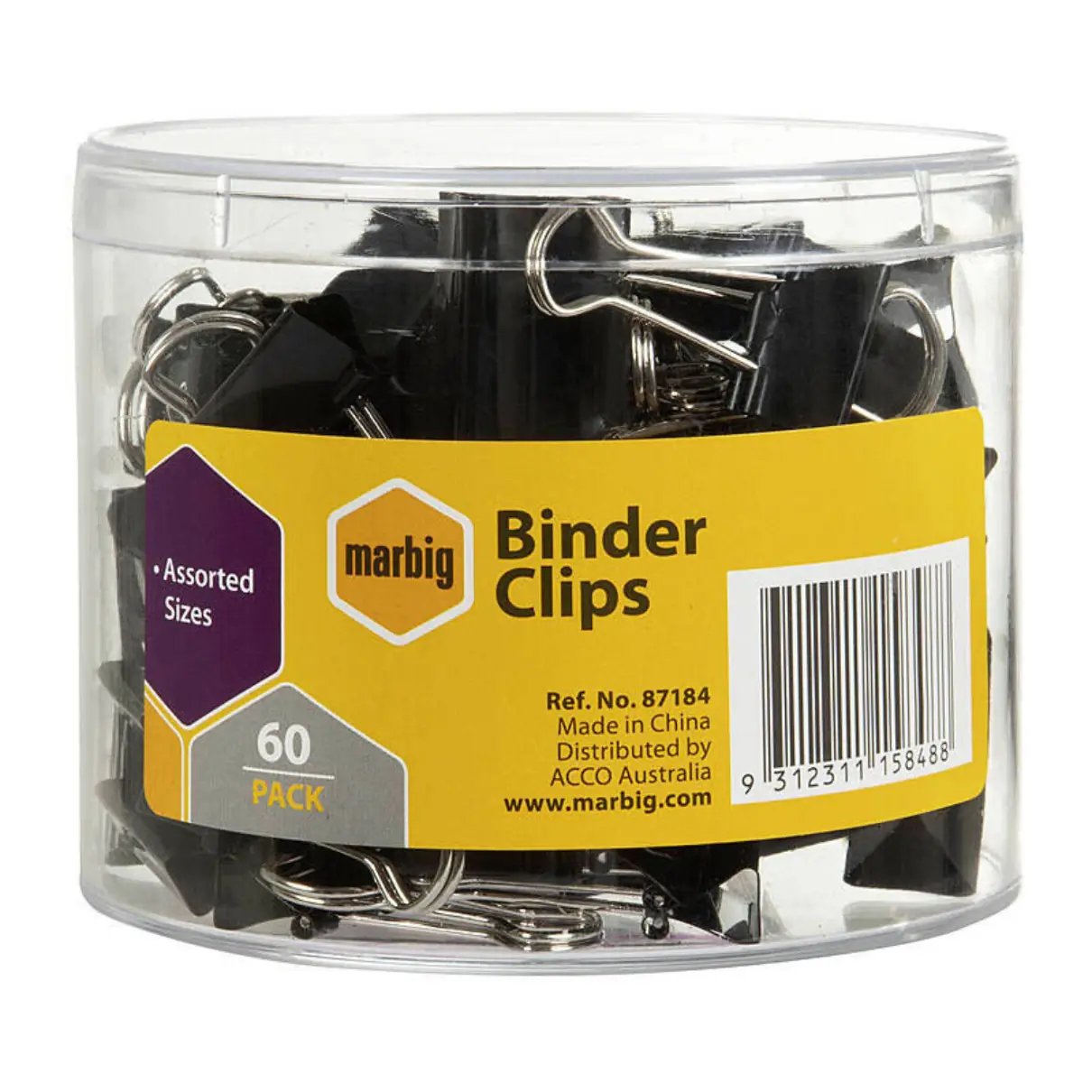 Marbig Binder Clips Assorted Sizes 60 Pack Storage Tub – Assorted Black Fold Back Clips for Office Filing and Paper Organisation