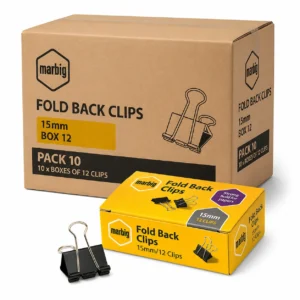 Marbig 15mm Fold Back Clips Box 12 Pack 10 bulk carton office paper fasteners