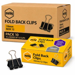 Marbig 19mm Fold Back Clips Box 12 Pack 10 bulk carton office binder clips