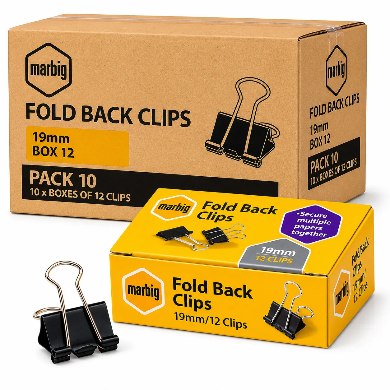 Marbig 19mm Fold Back Clips Box 12 Pack 10 bulk carton office binder clips