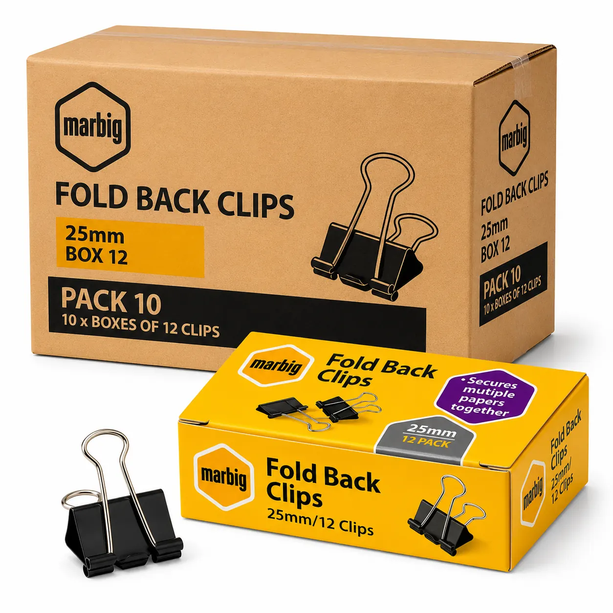 Marbig 25mm Fold Back Clips Box 12 Pack 10 bulk carton black paper clips