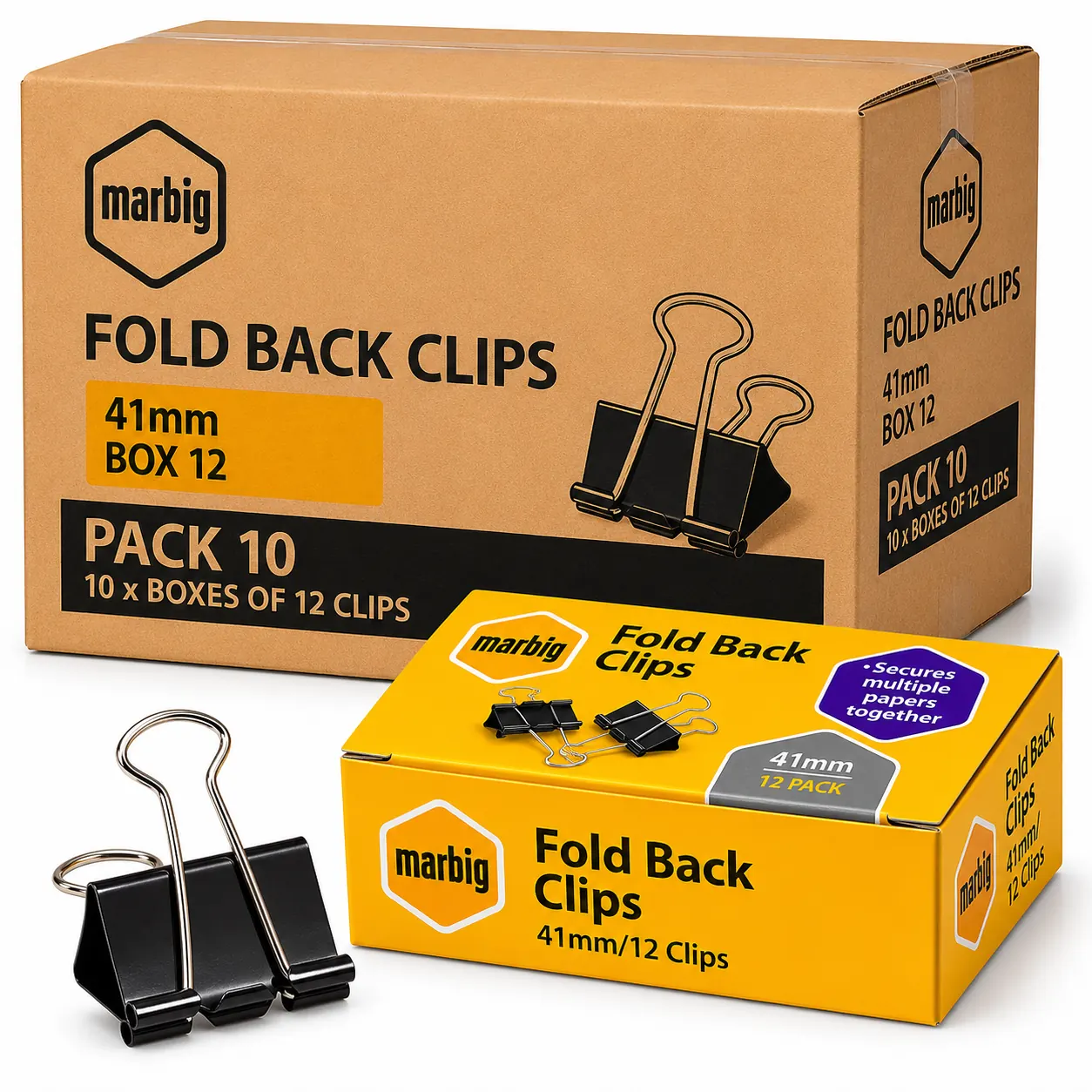 Marbig 41mm Fold Back Clips Box 12 Pack 10 large office paper binder clips