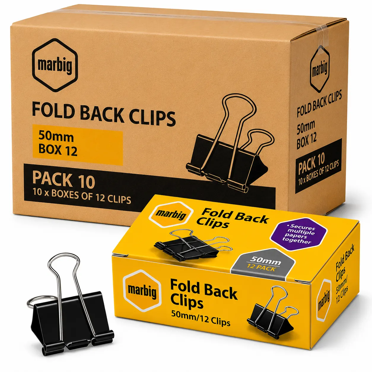 Marbig 50mm Fold Back Clips Box 12 Pack 10 giant fold back binder clips
