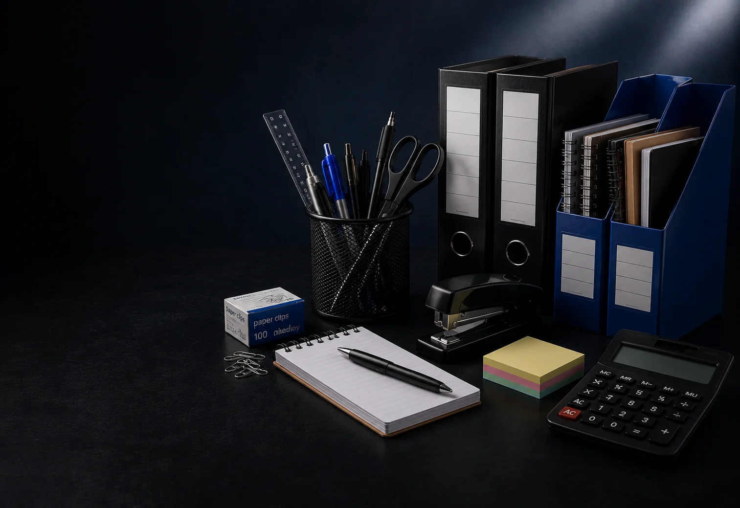 Office stationery, desk supplies and workplace essentials