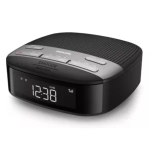 Philips TAR3505/79 DAB+ FM clock radio angled front view with LED display and dual alarm functions