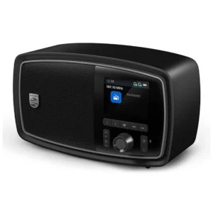 Philips TAV2000FB/00 clock radio angled view showing speaker design, TFT display and Bluetooth connectivity