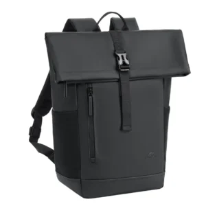 Rivacase 7826 ECO roll top backpack black front view 14 inch laptop backpack