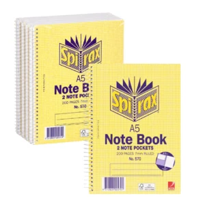 Spirax A5 Note Book 200 Page 2 Note Pockets Pack 5 Spiral Bound Notebooks