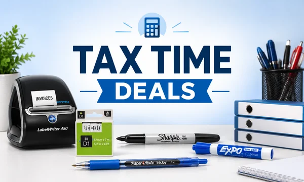 Tax Time Deals office supplies sale featuring Dymo labels, Sharpie markers, Paper Mate pens and Expo whiteboard markers