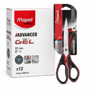 Maped Advanced Gel 21cm office scissors with ergonomic soft gel handles and display box of 12 scissors
