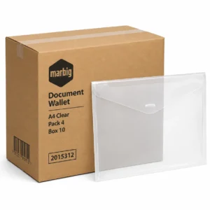 Marbig A4 Clear Document Wallet Pack 4 with bulk carton box packaging