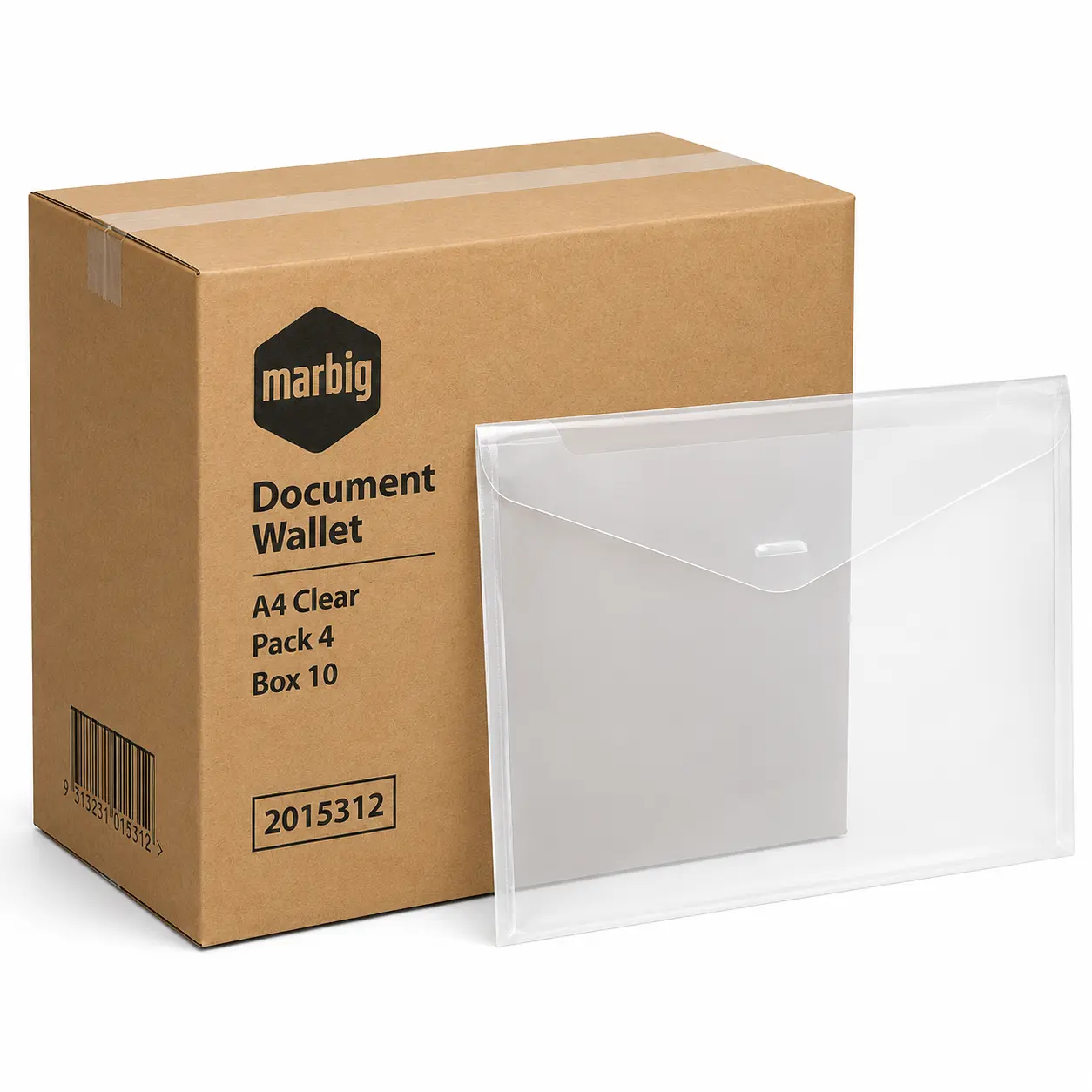 Marbig A4 Clear Document Wallet Pack 4 with bulk carton box packaging