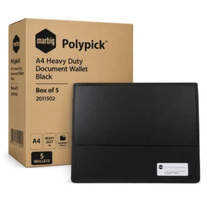 Marbig Polypick A4 heavy duty black document wallet box of 5 with bulk packaging displayed on white background