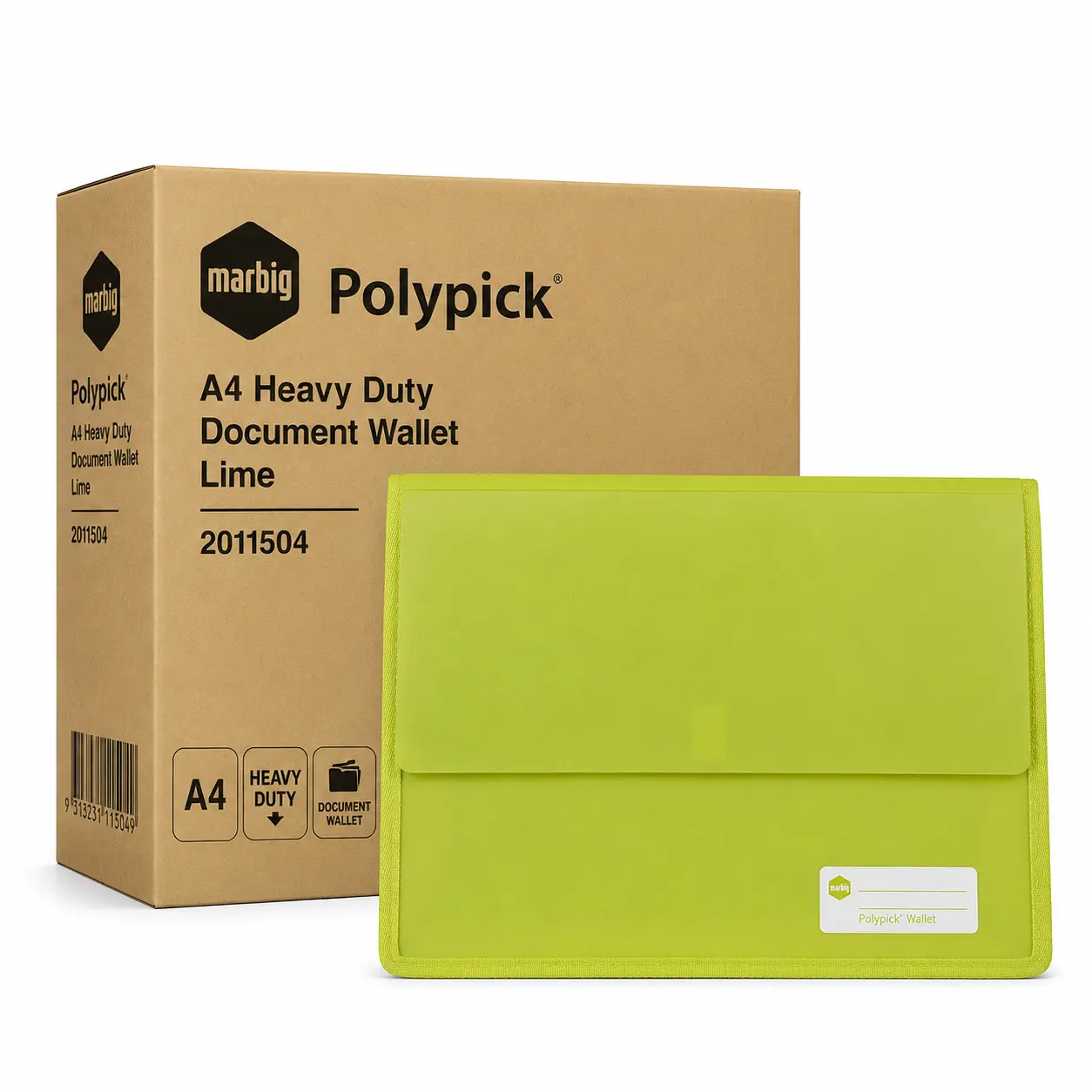 Marbig Polypick A4 heavy duty lime document wallet box of 5 with bulk packaging displayed on white background
