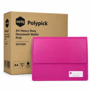 Marbig Polypick A4 heavy duty pink document wallet box of 5 with bulk packaging displayed on white background