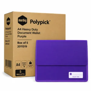 Marbig Polypick A4 heavy duty purple document wallet box of 5 with bulk packaging displayed on white background