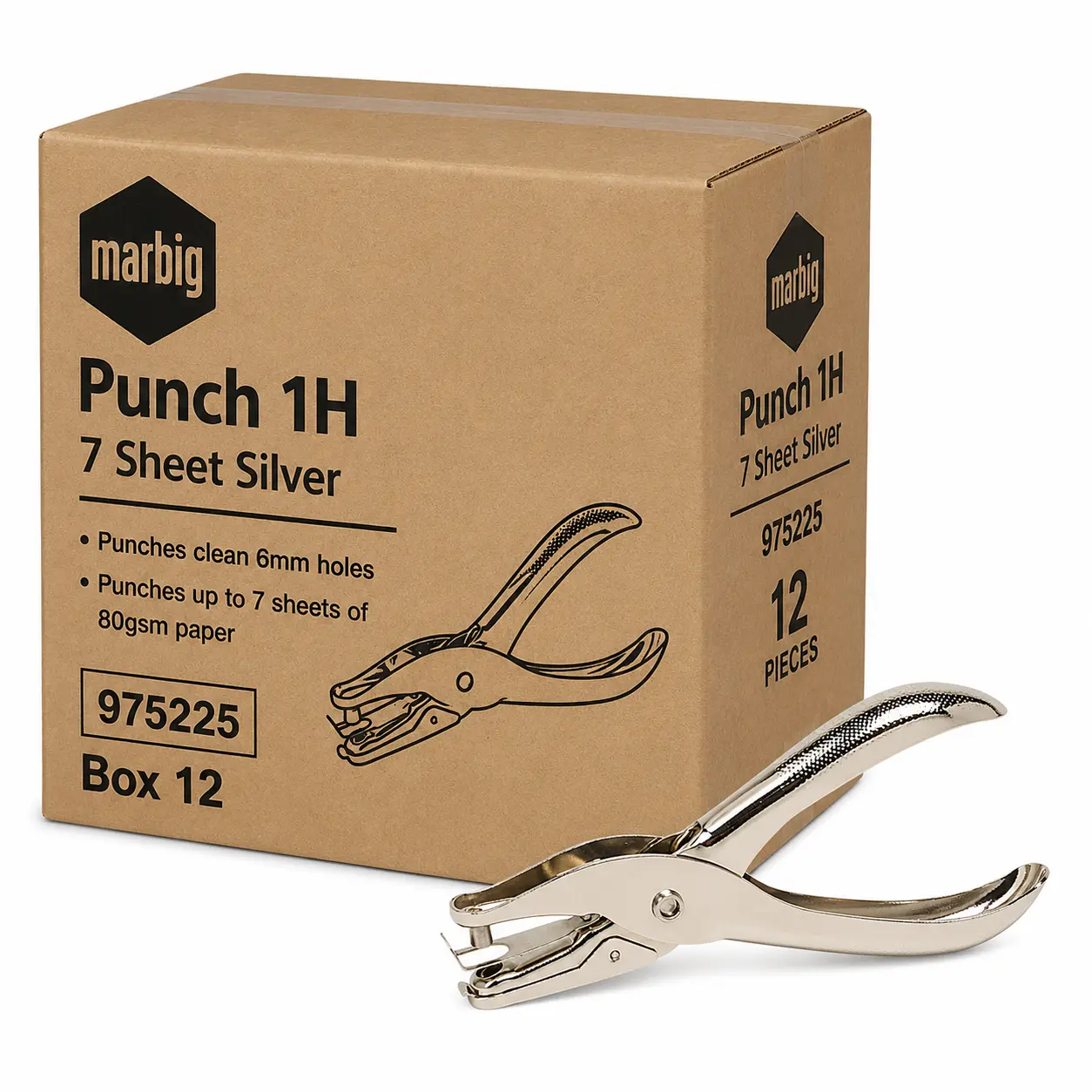 Marbig plier 1 hole punch silver box 12