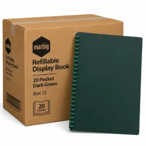 Marbig dark green refillable display book 20 pocket presentation folder box of 12