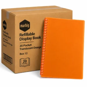 Marbig Refillable Display Book 20 Pocket Translucent Orange Box 12 with bulk carton packaging