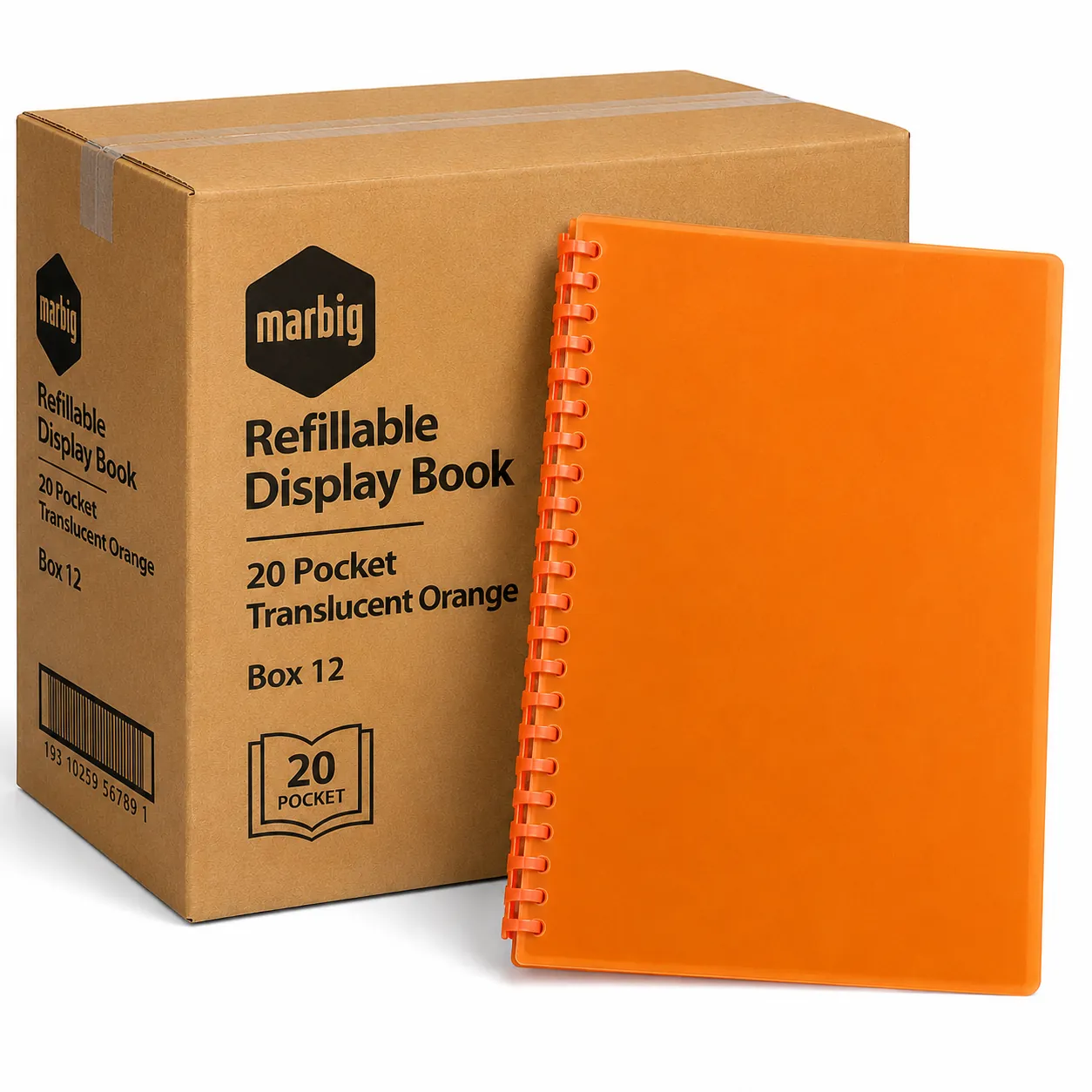 Marbig Refillable Display Book 20 Pocket Translucent Orange Box 12 with bulk carton packaging