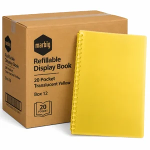 Marbig refillable display book 20 pocket translucent yellow box of 12 with bulk carton packaging