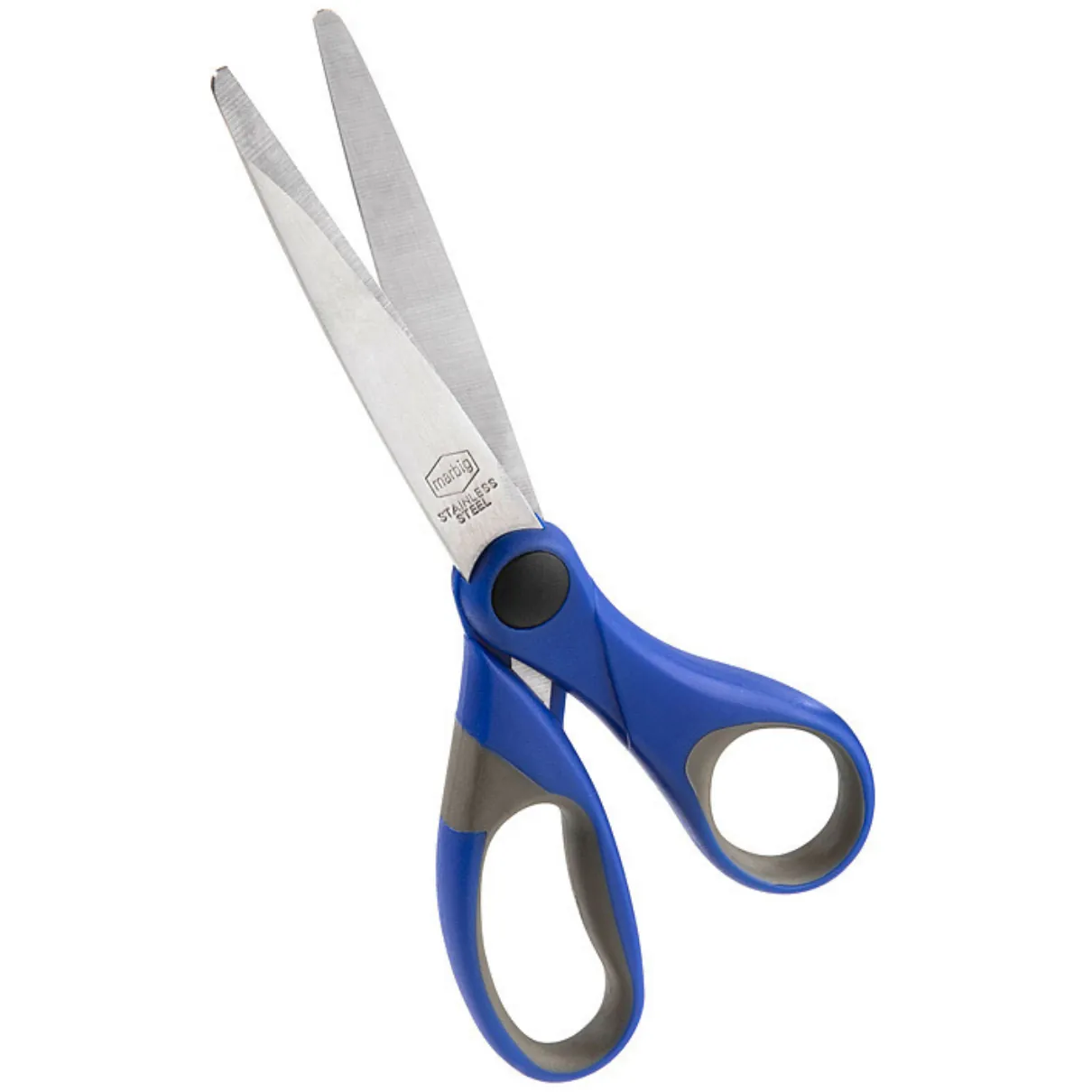Marbig stainless steel office scissors with blue and grey ergonomic handles