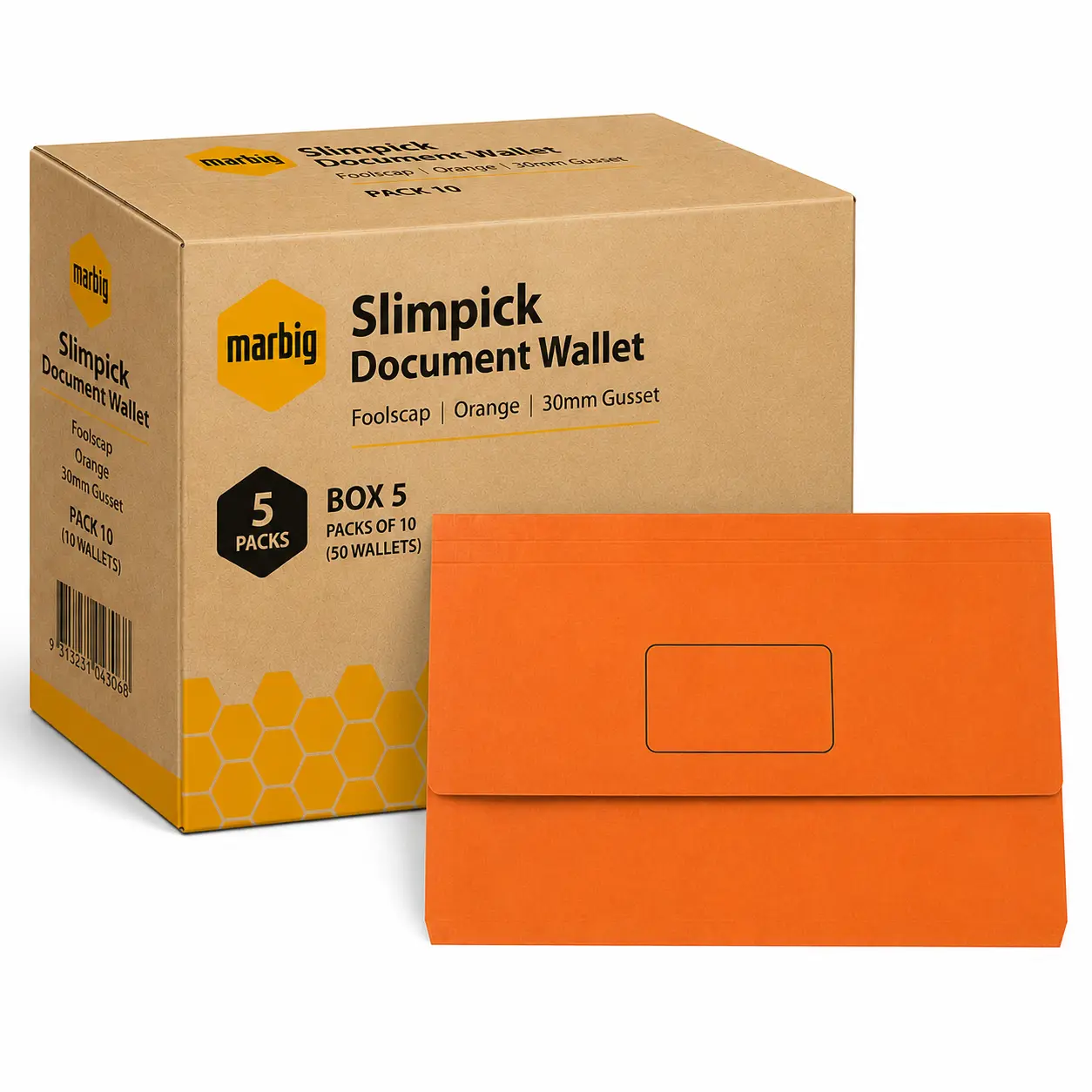 Marbig Slimpick Document Wallets Foolscap Orange Pack 10 Box 5 Packs