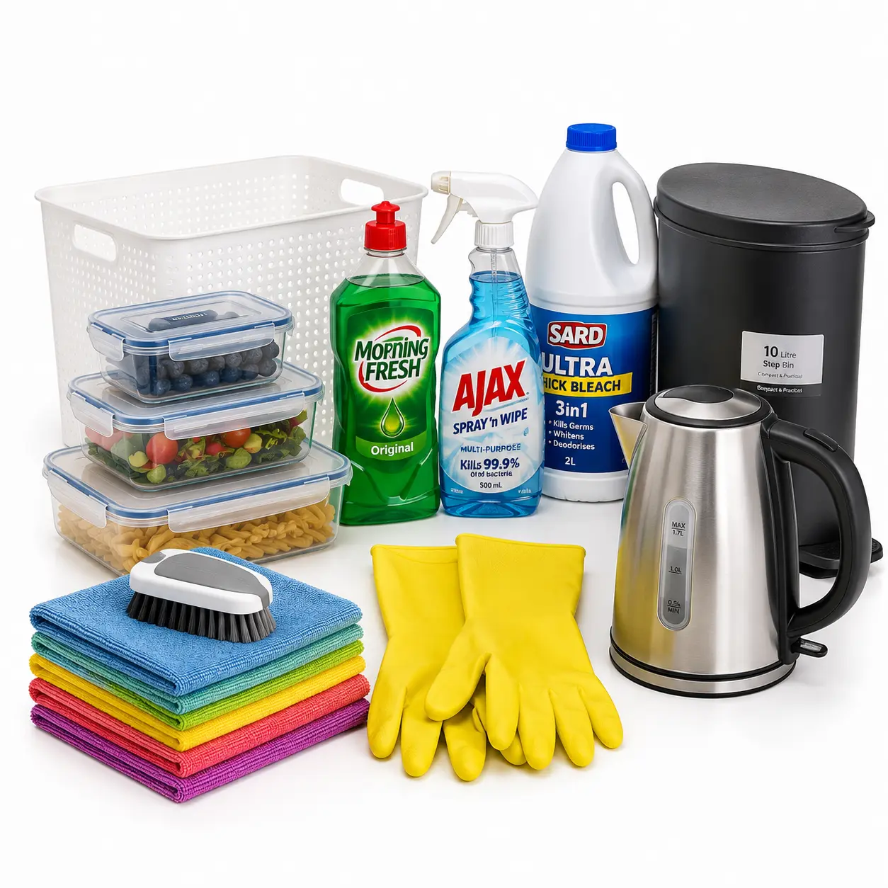 Household cleaning products, kitchen essentials and storage supplies