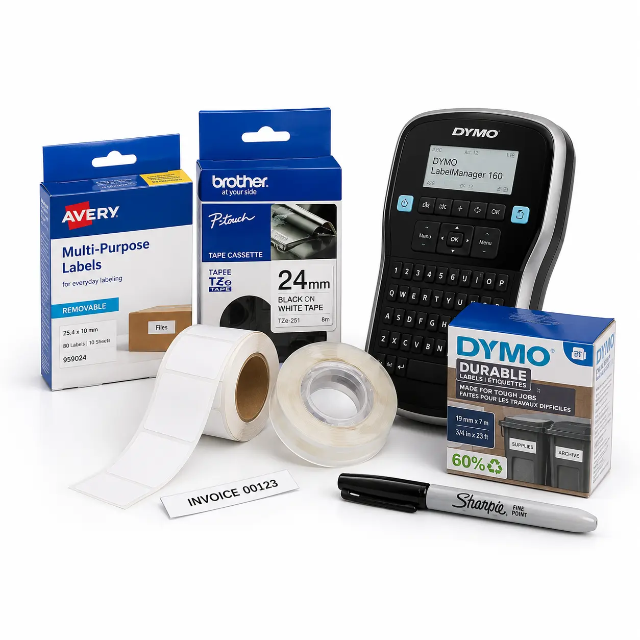 Label tapes, label rolls and labelling supplies