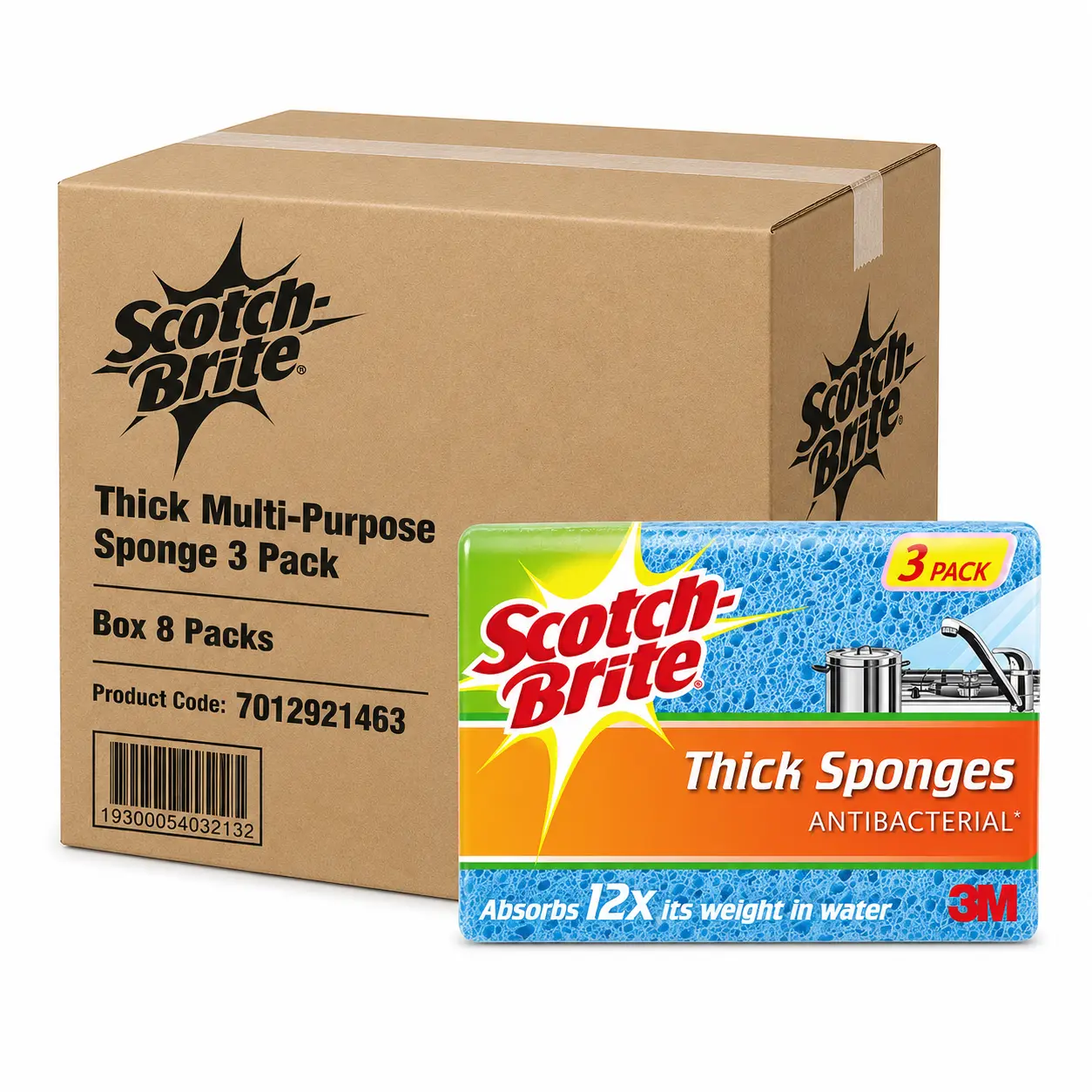 Scotch-Brite thick multi-purpose sponge 3 pack, box 8, bulk pack