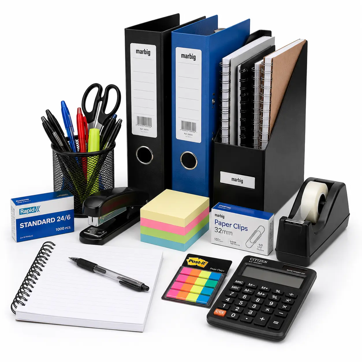 Office stationery, desk supplies and workplace essentials