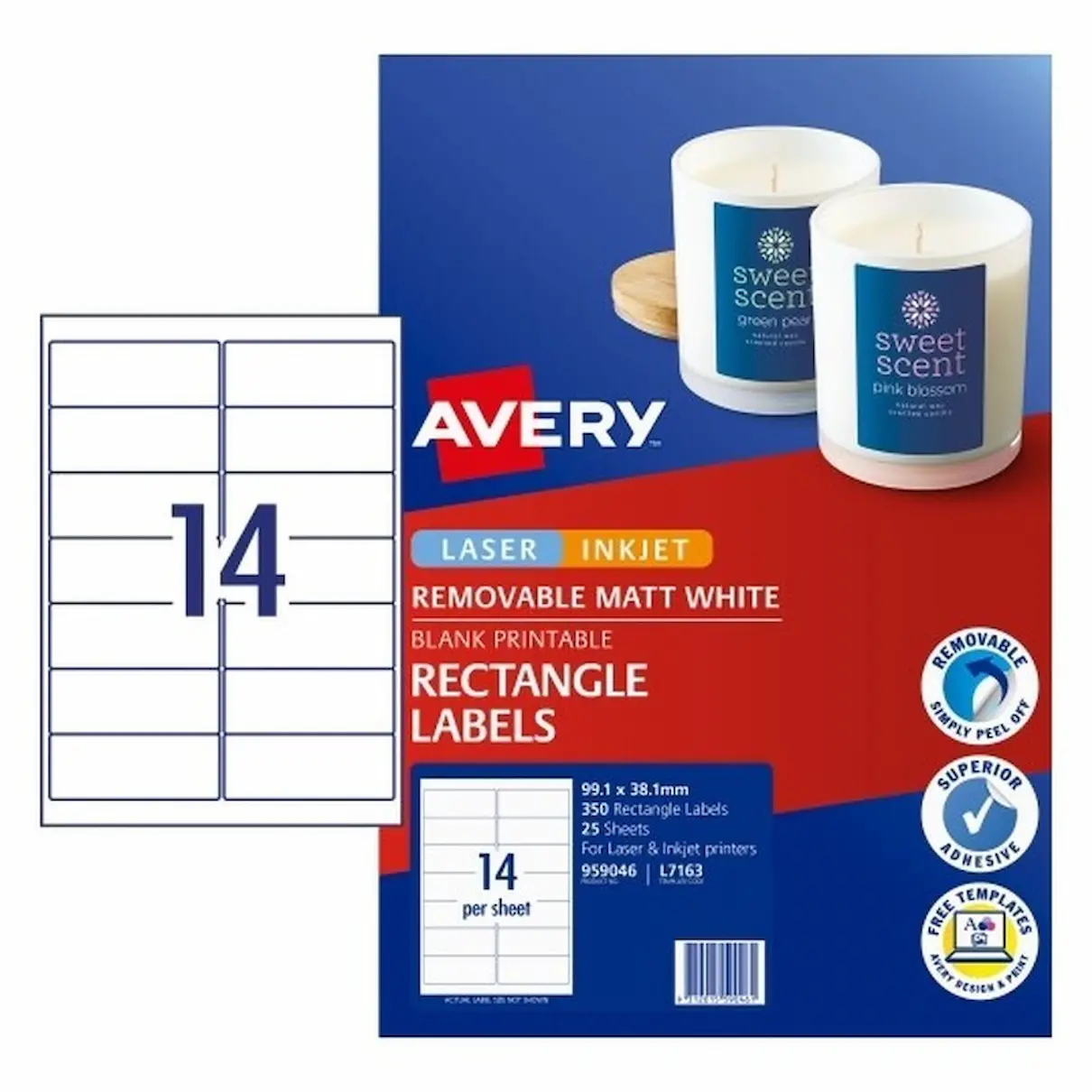 Avery 14up Removable Matt White Labels, L7163