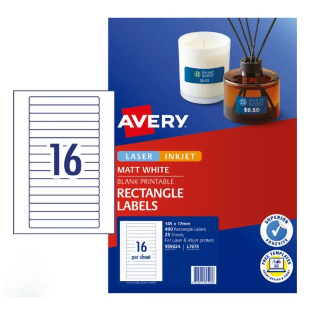 Avery L7674 16up white matt printable labels, 145x17mm
