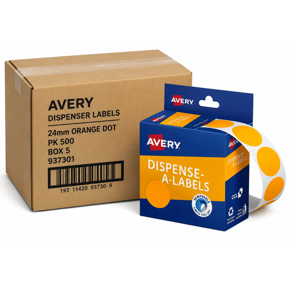 Avery 24mm Orange Dots Dispenser Box, Bulk Pack